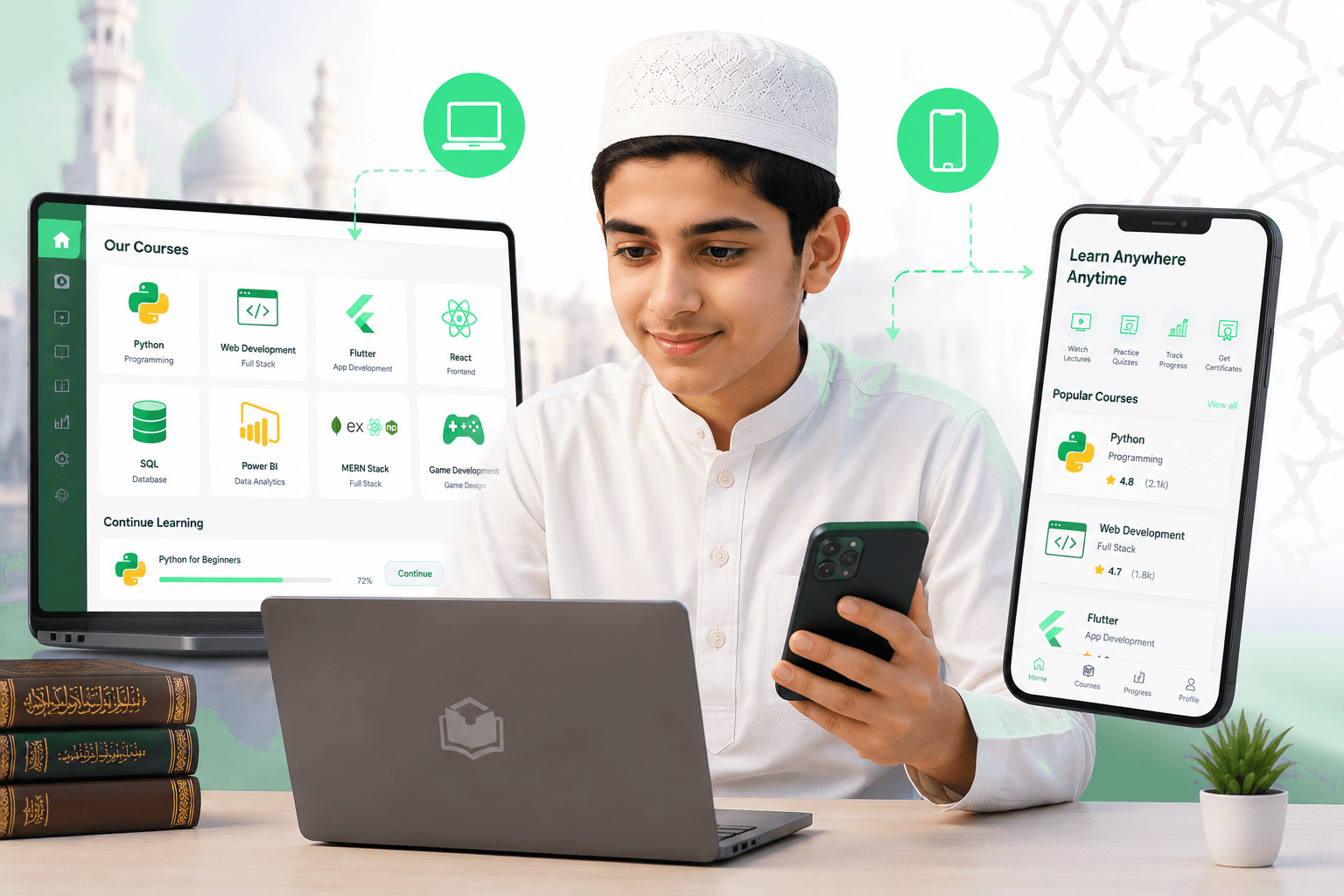 Madrasa student learning tech on a laptop and mobile